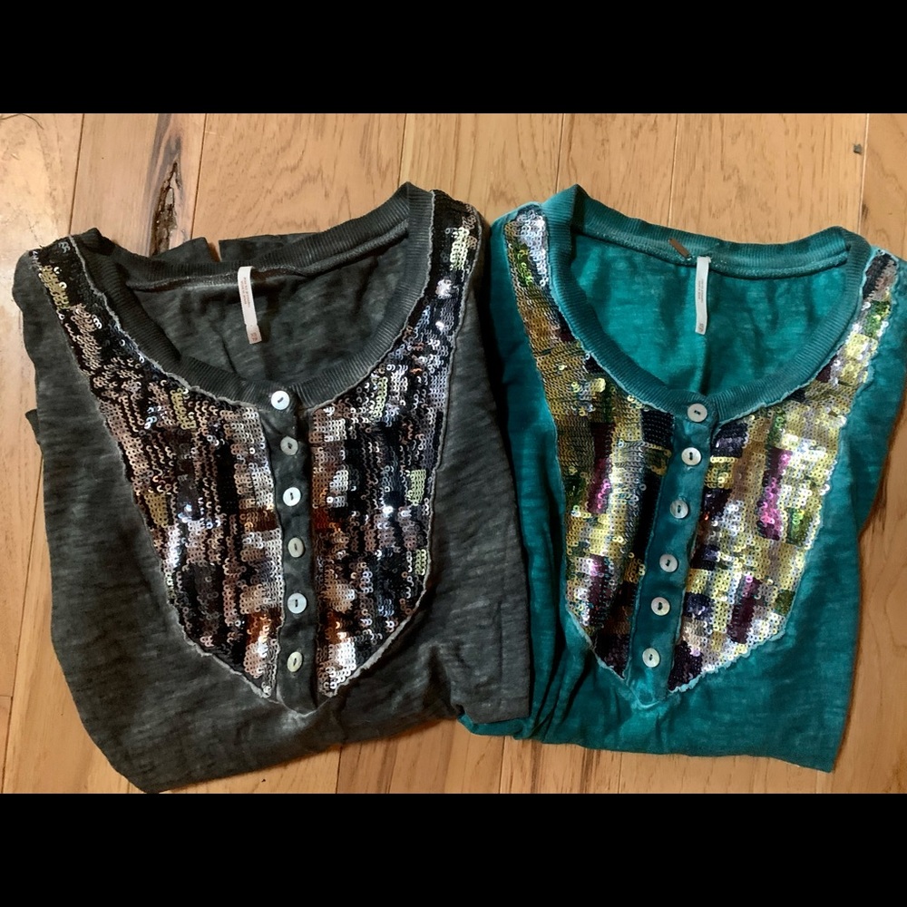 Two Free People Sequin Henley Shirts, size XS